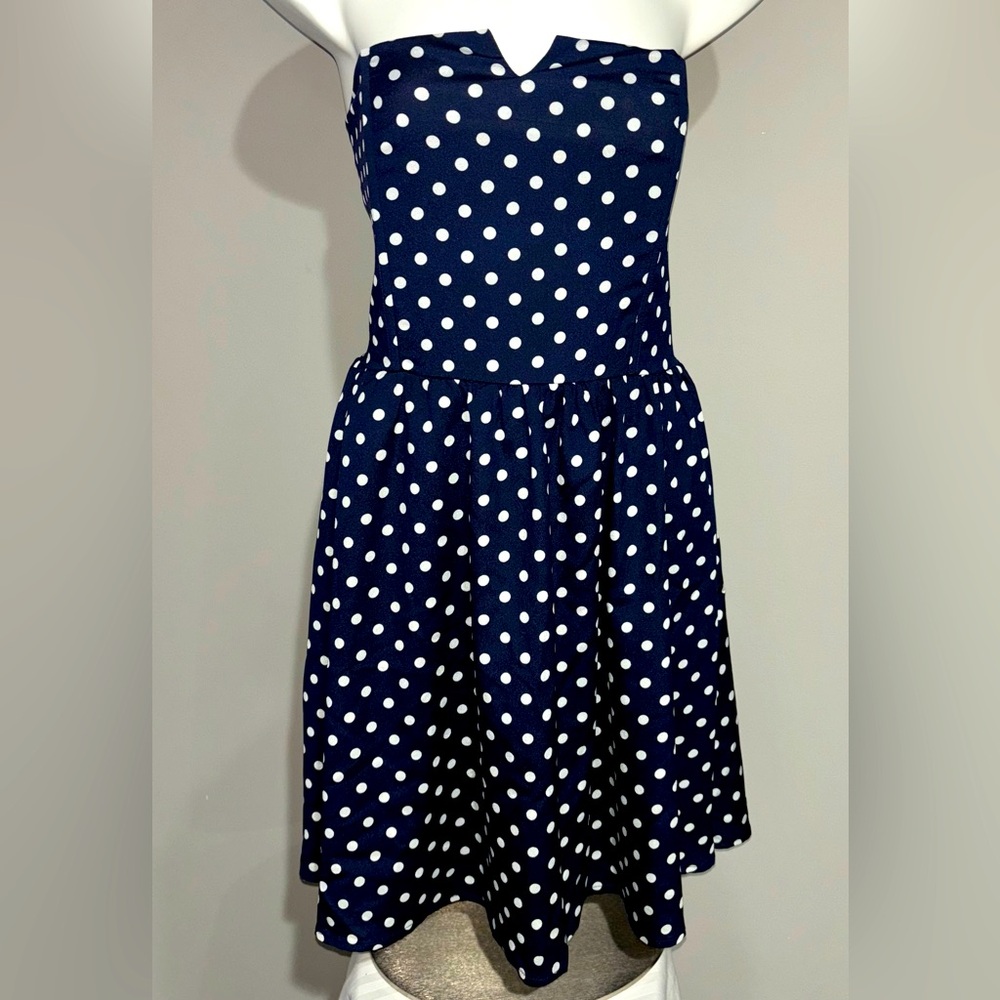 Myan Women's Size L Navy & White Polka Dot Lined Dress Wire Bust New with Tags